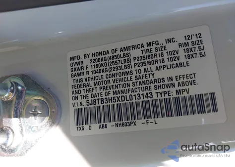 2013 Acura Rdx z USA, uszkodzony, nr VIN 5J8TB3H5XDL013143